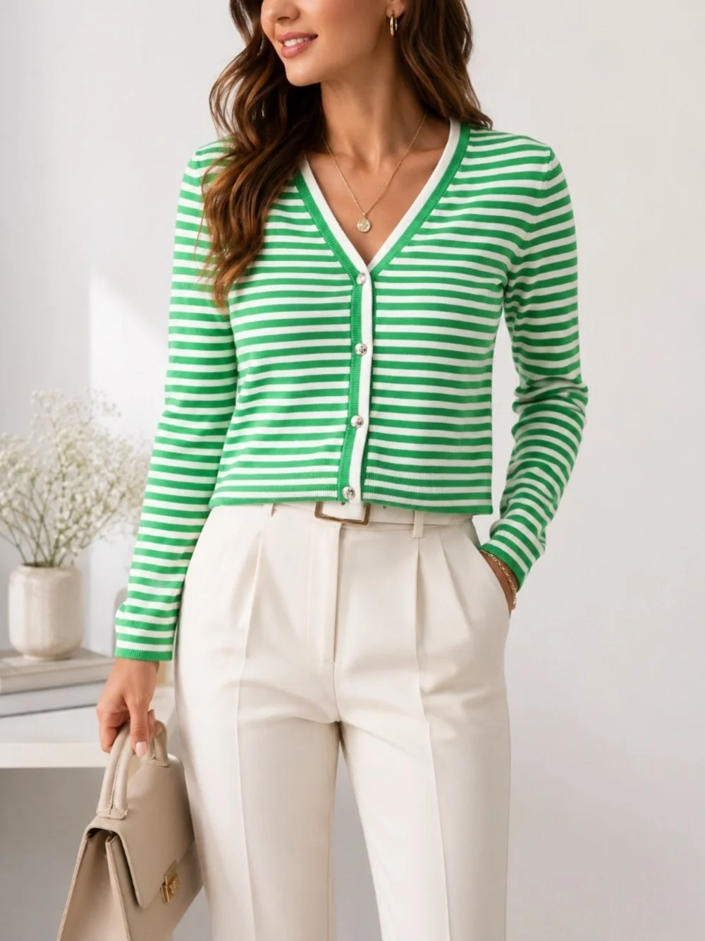 ON 34th Green White Stripe Cardigan Small Soft Cropped Sweater